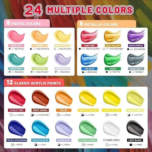 40 Pcs Classic & Metallic & Pastel Acrylic Paint Set with 12 Brushes, 2 Knives & Palette, 24 Colors (2oz/60ml) - for Adults, Kids, Artists & Beginners - Arts and Crafts Painting Kit thumbnail 3