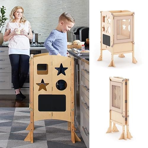 Guidecraft Classic Kitchen Helper® Toddler Tower and 2 Keepers - Natural: Folding Wooden Adjustable Height Platform, Kitchen Montessori Learning Step Stool, Chalkboard, Supports Up to 125lbs - Natural - Image 1
