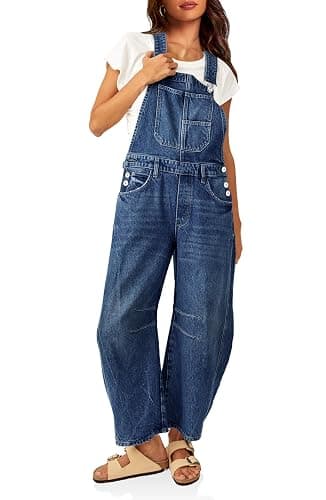 PLNOTME Womens Denim Bib Overalls Barrel Leg Adjustable Strap Jean Jumpsuit | 90s Outfits,Baggy Jumpers,Loose Overalls with Pockets - Image 1