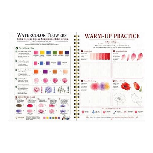 Drawmend Watercolor Paint Set & Workbook for Beginners, 50 Colors, 4 Brushes, 12 Step-by-Step Projects, 300 GSM Paper, 11 x 8.3 in Lay-Flat Book for Adults,Creative Art Gift (Flowers, with Palette) thumbnail 6