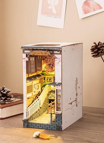 ROBOTIME DIY Book Nook Kit DIY Miniature Dollhouse Booknook Kit 3D Wooden Puzzle with LED Light,Decorative Bookend Bookshelf Insert Decor for Teens and Adults (Sakura Tram) thumbnail 5