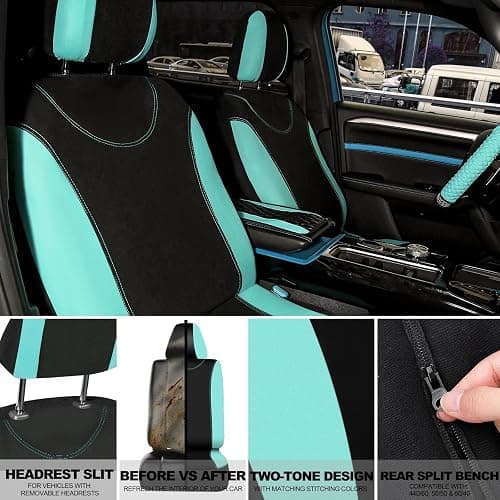 BBTO 43 Pcs Bling Car Accessories Set for Women Front Seats and Rear Bench Polyester Car Seat Protectors Wheel Cover Seat Floor Mats Full Crystal Automotive Interior Decor(Mint Green) thumbnail 4