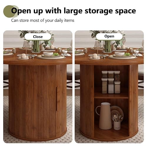 weselon 47 inch Round Dining Table for 4, Kitchen Table Dinner Table with 2-Layer Storage Shelf and Wood Slide Door for Home Dining Room Living Room (Walnut) - Walnut+hidden Storage thumbnail 5