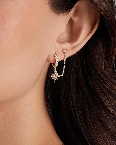 PAVOI 14K Gold Chain Earrings for Women | Double Piercing Dangle Chain Huggie Hoop Earrings | Cubic Zirconia Pearl Stud Ear Cuff Earrings for Women thumbnail 2