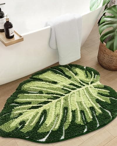 DEXI Leaf Bathroom Rugs Monstera, 23.5x31.5 Tropical Plant Shaped Bath Mat Green, Washable Shower Floor Bathmat Toilet Carpet Non Slip - 2' x 2'7" (Leaf) - Image 1