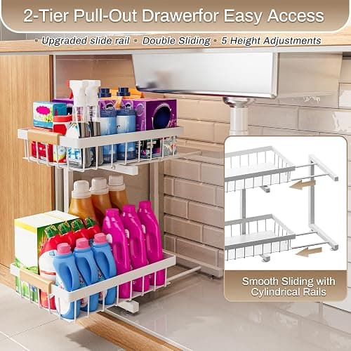 ADBIU Under Sink Organizer 2 Pack, Adjustable Height (11"-15.75") Under Cabinet Storage, 2 Tier Pull Out Sliding Drawers for Kitchen Bathroom, Heavy Duty Metal Shelf, White thumbnail 8