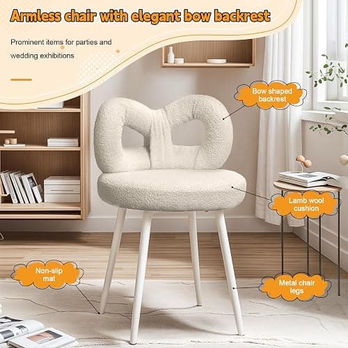 Slzyqnyy Small Vanity Chair with Bow Backrest – White Makeup Stool for Dressing Table, Armless Beauty Chair with Adjustable Foot Pads, Bedroom for Women Girls, Compact Makeup Stool (White) thumbnail 7