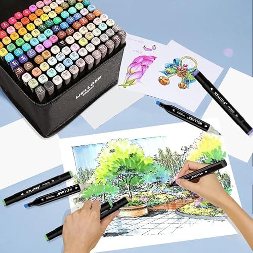 WELLOKB Alcohol Markers Set, 60 colors Alcohol Based Dual Tip, Broad and Brush Tip for Adult Coloring Books, Drawing, Sketching (60) thumbnail 8