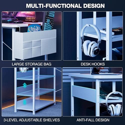 Acrolix L Shaped Gaming Desk 48 Inch - Computer Corner Desk with Power Outlets, Reversible Shelves & Storage Bag for Home Office, PC Gaming Table, White Carbon thumbnail 7