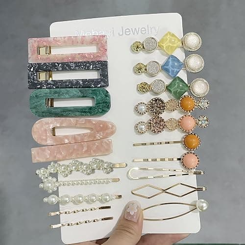 Mehayi 20 PCS Pearls and Acrylic Resin Hair Clips, Handmade Hair Barrettes, Marble Alligator bobby pins, Glitter Crystal Geometric Hairpin, Elegant Gold Hair Accessories, Gifts for Women Girls thumbnail 2