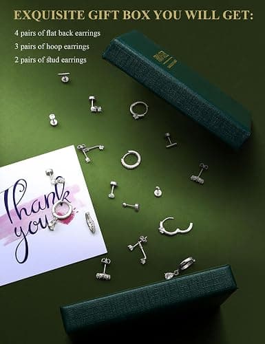 Hypoallergenic Stud Hoop Silver 14K Gold Plated Earrings Stacks - 9 Pairs Surgical Stainless Steel Earring Set for Sensitive Ears - Small Ear Piercing Flat Back Cartilage Earrings for Women Trendy Gifts thumbnail 6