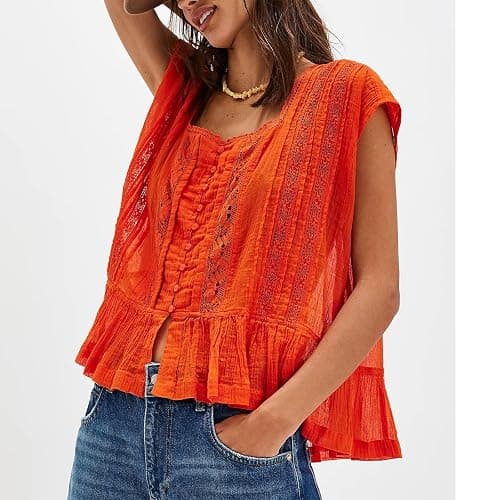 Women Y2k Semi Sheer Blouse Shirt Lace Trim Button Down Short Sleeve Round Neck Casual Going Out Tops Streetwear thumbnail 4