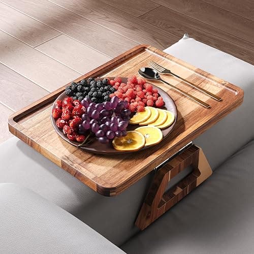 Danfoxer Acacia Wood Couch Arm Tray，Folding Sofa Armrest Table | Clip-On Couch Desk,Foldable, Non-slip,No Assembly，for Drinks Snacks Phone，Remote Control thumbnail 5