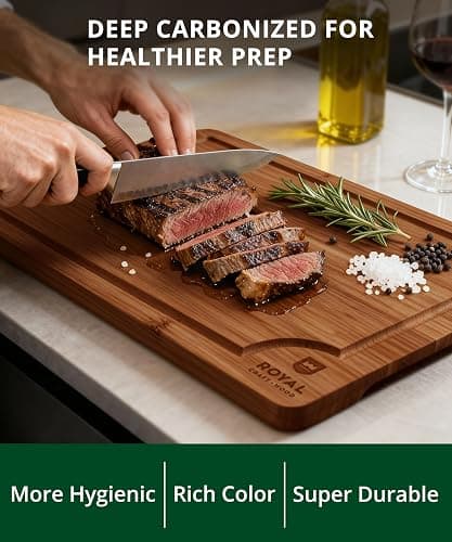 ROYAL CRAFT WOOD Wooden Cutting Boards for Kitchen Appliances - Non Toxic Bamboo Wood Cutting Board Set with Deep Juice Groove, Side Handles, Charcuterie & Butcher Block for Meat, Meal Prep & Serving thumbnail 6