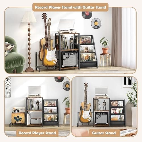 Bikoney Record Player Stand, Guitar Stand for Acoustic, Electric Guitar, Bass with Amp Stand, 3-Tier Vinyl Record Storage Up to 200 Albums, Record Player Table for Record Player, Speaker, Amplifier thumbnail 7