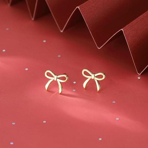 SLUYNZ Solid 925 Sterling Silver Tiny Bow Earrings Stud for Women Teens Small Bowknot post Stud Earrings - B-Gold Plated thumbnail 5