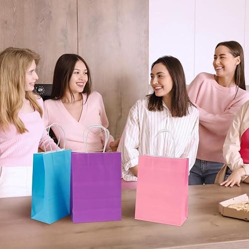 Cooraby 20 Pieces Kraft Paper Bags Party Favor Bags Craft Gift Bag with Handle for Birthday, Baby Shower, Wedding (light blue, light purple, pink) thumbnail 6