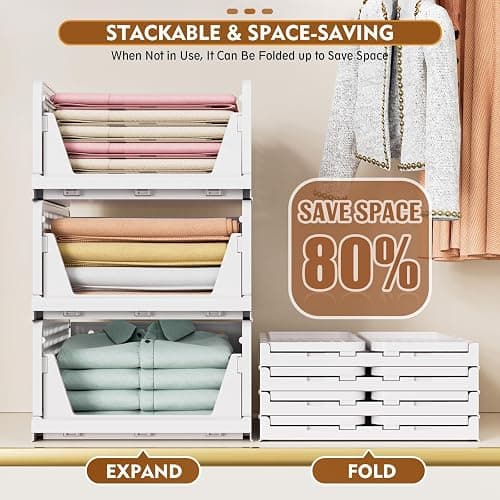 SNSLXH 5 Pack Stackable Closet Storage Basket, Multifunctional & Foldable Closet Organizer for Bathroom Kitchen Laundry Room Wardrobe Storage, Space-Saving Clothes Storage Drawer Organizer, White thumbnail 5