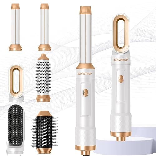 6 in 1 Blow Dryer Brush, Curling Wand Hair Air Styling Tools Set, Ionic with Massage Hot Air, Round Thermal Straightener,Left&Right Curling Wand - Image 1