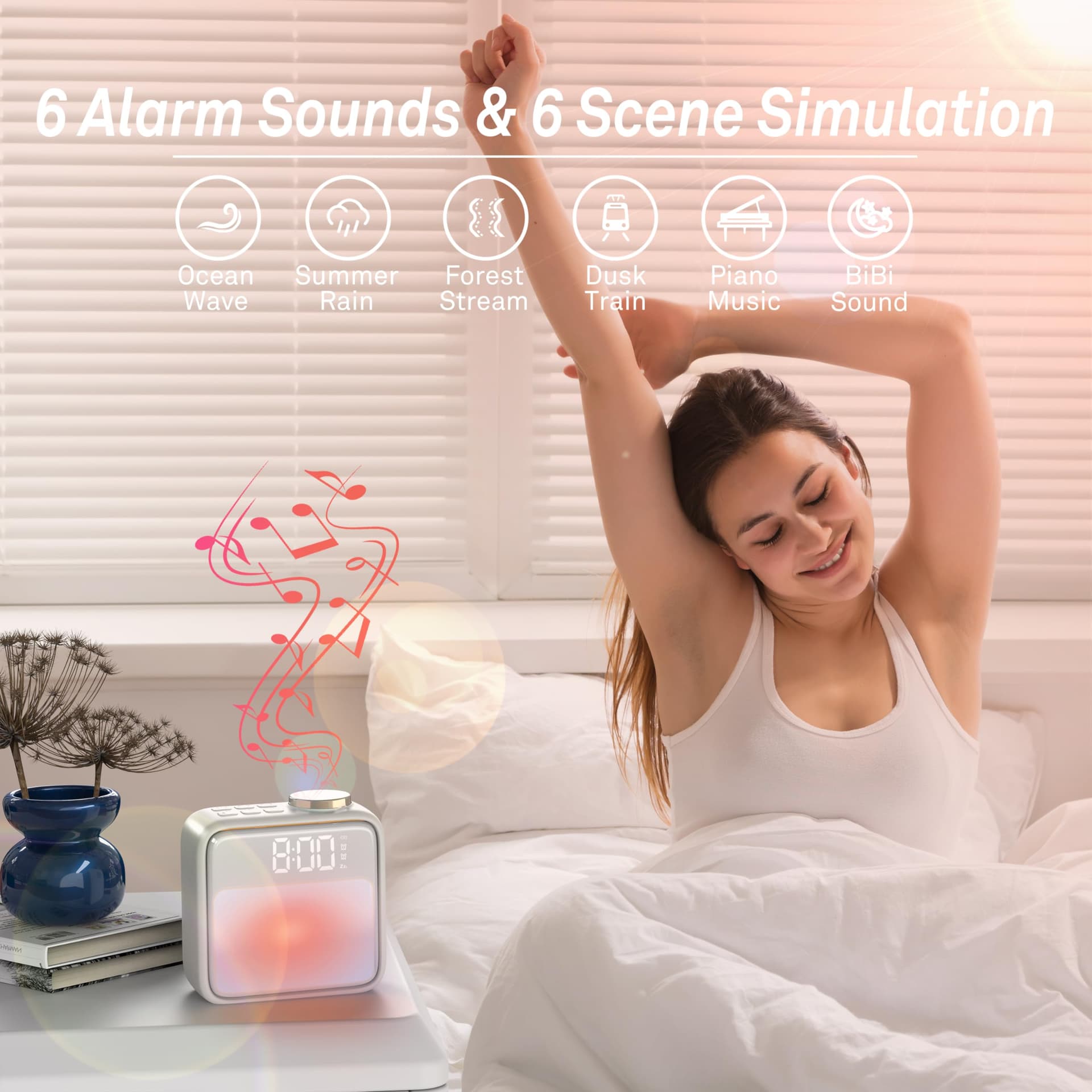 AIRIVO Alarm Clock Night Lights, Built-in Battery Alarm Clock for Bedrooms, 6 Scenes & White Noise Sync, Dual Alarms & Snooze, for Heavy Sleepers, Gifts for Kids Teens - Beige thumbnail 2