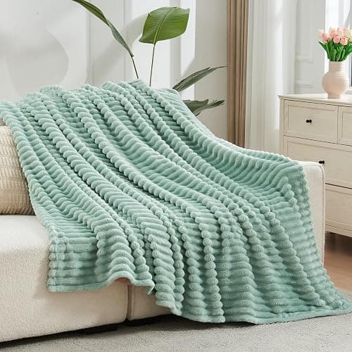 NEWCOSPLAY Super Soft Throw Blanket New Sage Green Premium Silky Flannel Fleece 3D Ribbed Jacquard Lightweight Bed Blanket All Season Use (New Sage Green Ribbed, Throw(50"x60")) thumbnail 3