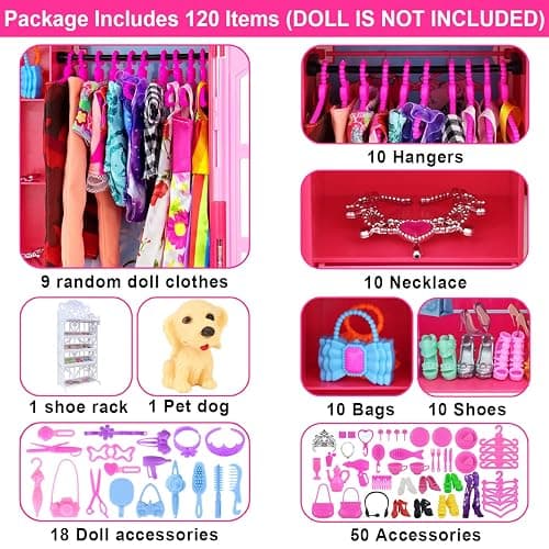 Ecore Fun 120 Pcs Fashion Doll Closet Wardrobe for Clothes and Accessories Storage Include Clothes, Dresses, Shoes, Shoes Rack, Bags, Necklace, Hangers for 11.5 Inch Girl Doll Clothes thumbnail 4
