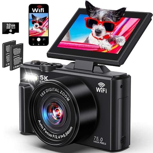 5K Digital Camera - WiFi 75MP UHD Cameras for Photography - Autofocus Vlogging Camera for YouTube with 18X Zoom 3" 180° Flip Screen - Video Cameras Compact Travel Camara with 32GB SD Card 2 Batteries - Image 1