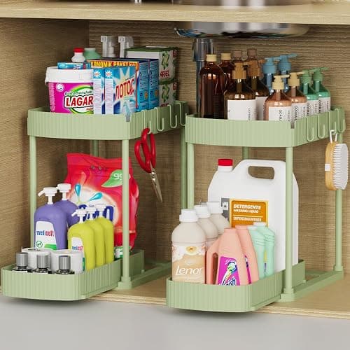 Ukeetap 2 Pack Multi-Purpose Pull-Out Storage Organizers, Under Sink Organizers and Storage for Bathroom & Kitchen, Under Cabinet Organizers and storage, 12.8 Inch, Green - Image 1