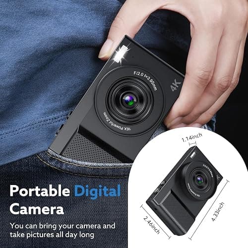 4K Digital Camera for Photography, 64MP Vlogging Video Camera for YouTube with 3'' 180°Flip Screen, 64GB Micro SD Card, 16x Digital Zoom,Point Shoot Compact Travel Vintage Cameras thumbnail 7