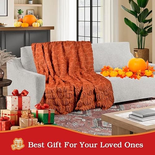 Fall Decor Pumpkin Throw Blanket - 50"x60" Rust Red Autumn Soft Blankets Halloween Decorations for Sofa Couch Home, Cozy Faux Fur Warm Pumpkin-Themed Thanksgiving Gifts for Living Room Bed Women Men - Rust Red Blanket thumbnail 7