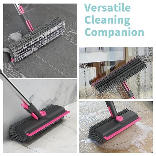 AIR U+ Floor Scrub Brush with Long Handle, 3 in 1 Scrape and Heavy-Duty Stiff Bristle Scrubber Brush for Cleaning Shower Bathroom, Patio, Pool, Garage, Kitchen, Wall and Deck, Gray and Pink thumbnail 5