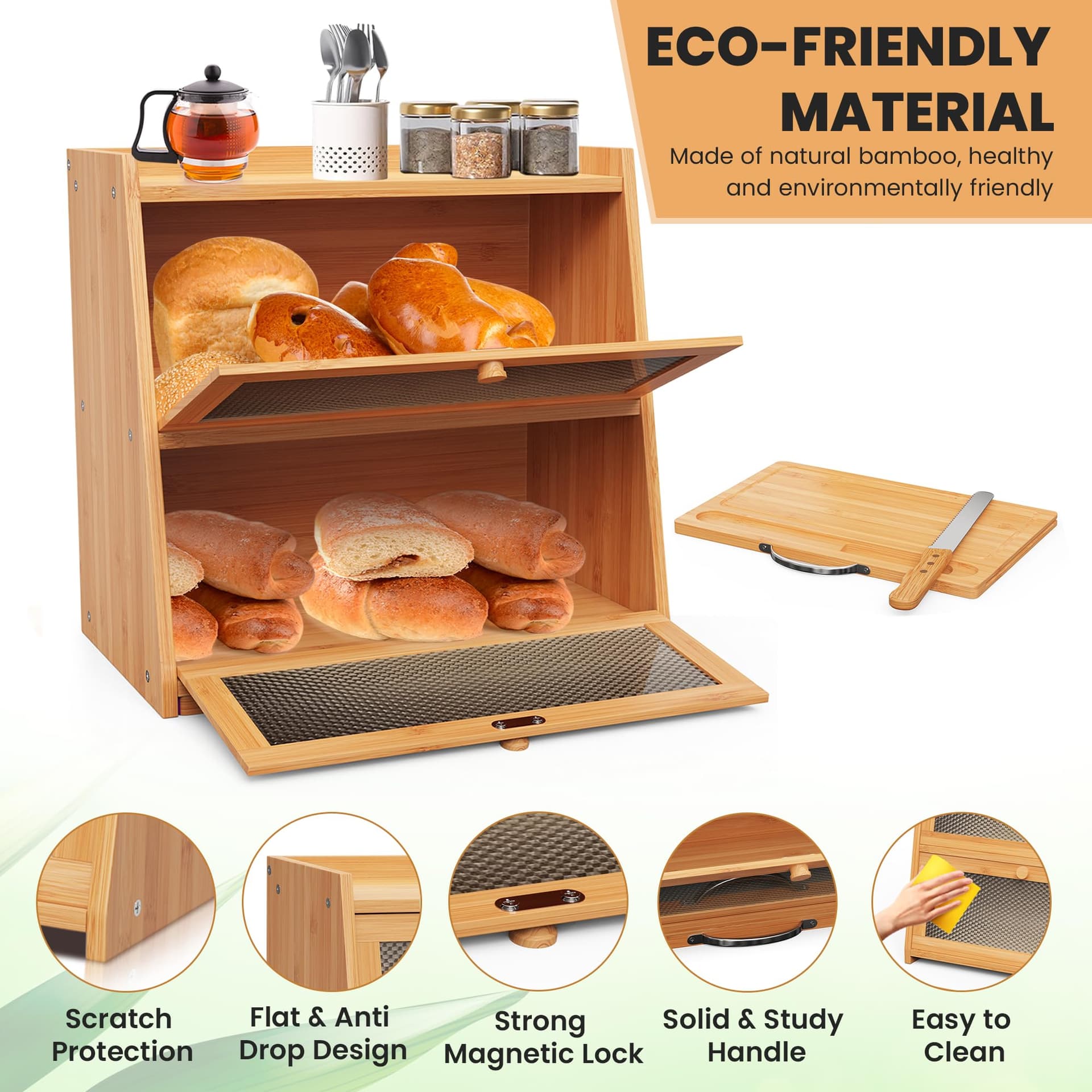 BLANCE Bread Box for Kitchen Storage & Organisation, Bamboo Breadbox Bread Bin Bread Storage With Cutting Board & Bread Knife, Large Size Bread Box with Acrylic Door thumbnail 4