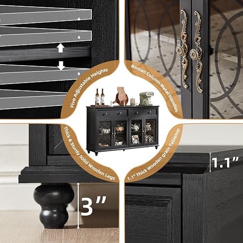 Joaxswe Farmhouse Sideboard Buffet Cabinet with Storage,59" Large Credenza with 4 Glass Doors & 2 Drawers,Adjustable Shelves Console Table,Wood Kitchen Coffee Bar for Dining Room,Living Room,Black thumbnail 6