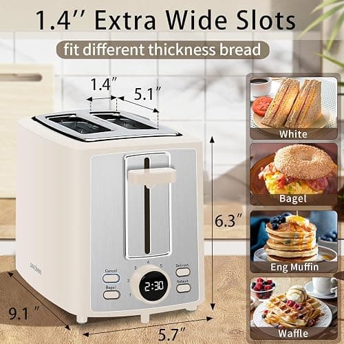 SEEDEEM Toaster 2 Slice, Bread Toaster with LCD Display, 7 Shade Settings, 1.４'' Extra Wide Slots Toaster with Cancel, Bagel, Defrost, Reheat Functions, Removable Crumb Tray, 900W, Cream White - 10.2*6.8*5.9 inch - Cream White thumbnail 3