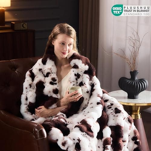 PLUUSHUU Faux Fur Throw Blanket for Couch, Fluffy Fuzzy Plush Bubble Blanket, Soft Warm Cozy Shaggy Rabbit Blanket, Luxury Decorative Gifts for Sofa Bedroom Living Room, 60x50inch (Cow Print-Brown) thumbnail 3