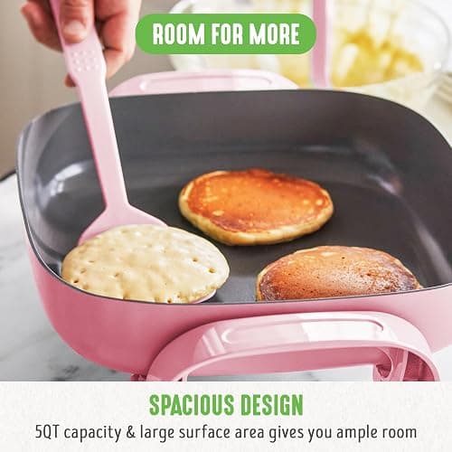 GreenLife12" 5QT Square Electric Skillet, Glass Vented Lid, Ceramic PFAS-Free Nonstick Coated Interior, Adjustable Temperature Control, Cool Touch Handles, Quick Even Heating, Scratch Resistant, Pink - Pink thumbnail 5