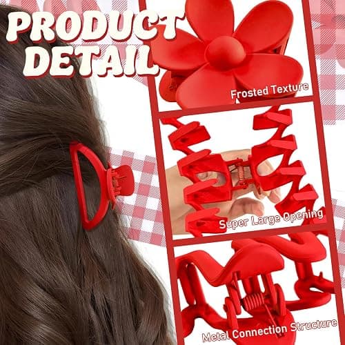 12 Pcs Claw Clips, Multi-Shapes Hair Clips for Women Girls, Non-Slip Large Jaw Claw Clips for Thick Thin Curly Hair Accessories (Red) thumbnail 3