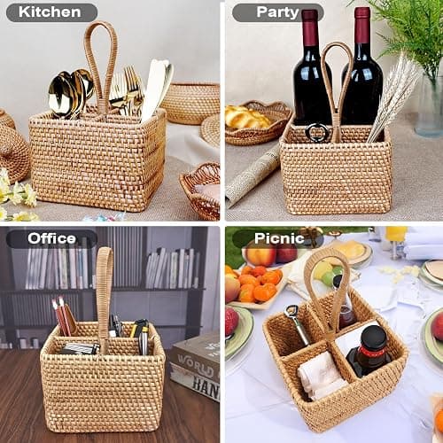 Natural Wicker Utensil Caddy with Built-in Handles，Wicker Silverware Caddy with 4 Compartments，Spoon Cutlery Holder Utensils Organizer，Condiment Organizer Silverware Holder(7.09 * 5.12 inch) thumbnail 4