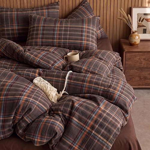 Cozaline 100% Cotton Vintage Plaid Duvet Cover Queen Size - Dark Gray and Burnt Orange Checkered Pattern Duvet Cover Set with Zipper Closure, 3 Pieces Soft & Breathable Bedding Set for All Seasons - Image 1