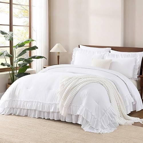 Andency White Comforter Set Queen Size, Lightweight Fluffy Farmhouse White Ruffle Bedding Set, Soft Polyester All Season Shabby Chic Bed Comforter Set 3 Pieces(1 Ruffle Comforter 2 Pillowcases) - Image 1