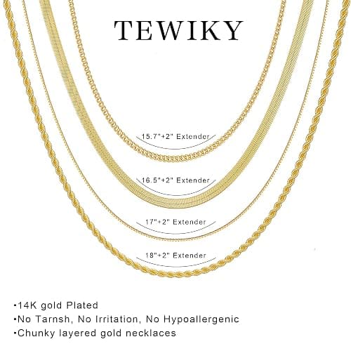 Tewiky Layered Necklaces for Women 14k Gold Plated Chain Necklace Set | Chunky Herringbone/Snake/Rope/Box/Cuban Link Chain for Women, Layering Stack Choker Necklace, Dainty Jewelry Set Non Tarnish thumbnail 5