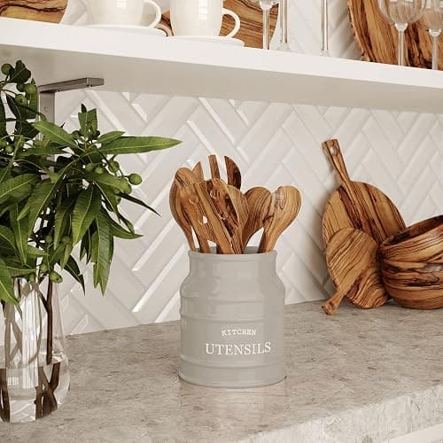 Barnyard Designs Ceramic Farmhouse Utensil Holder for Kitchen Counter, Large Rustic Utensil Crock, Countertop Cooking Tool Spatula Organizer, 6.75” (Taupe) thumbnail 7