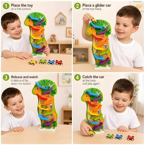 Dinosaur Car Ramp Toy for Toddlers 18 Months+, 8-Level Race Track, 4 Cars | Wooden Montessori Car Toys for 1 Year Old Boys Girls, 1st 2nd Birthday Gifts thumbnail 6