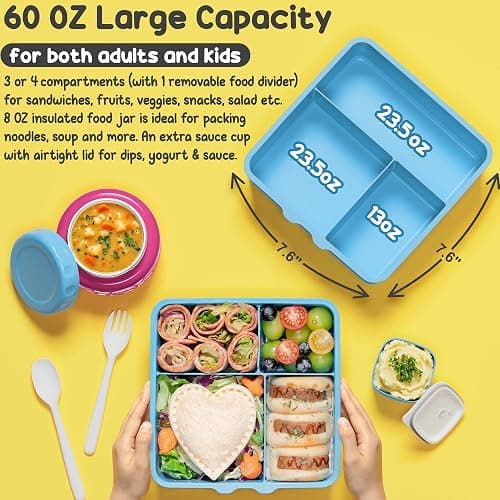 Fimibuke Bento lunch Box Set for Kids Adult with 8oz Thermos Food Jar, Insulated Lunch Bag &Sauce Cup, Leakproof Dishwasher Safe Toddler Lunch Food Container with 3-4 Compartment for School Girls Boys thumbnail 3