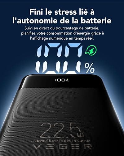 VEGER Batterie Externe 10000mah avec Câble Intégré, Power Bank Portable | 22.5W Charge Rapide, Fin Compact Chargeur USB C avec écran LED, 4 Sorties et 3 Entrées, Compatible avec iPhone Huawei Xiaomi thumbnail 8