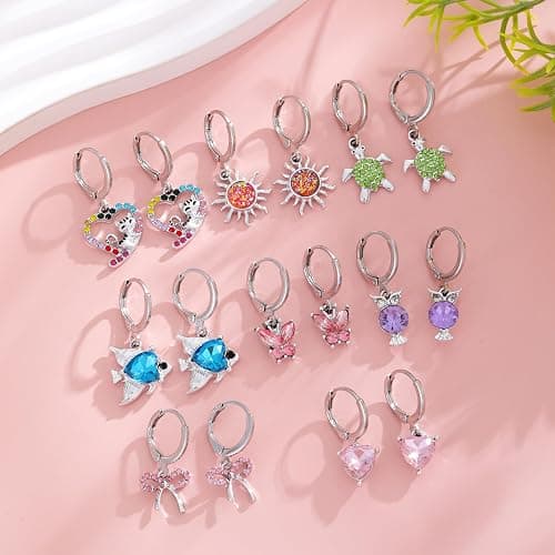 16 Pairs Hypoallergenic Silver Small Hoop Dangle Earrings Set for Girls Women Cute Heart Cat Butterfly Pearl Bow Huggie Hoop Dangle Earrings for Little Girls Kids Jewelry Gift thumbnail 6