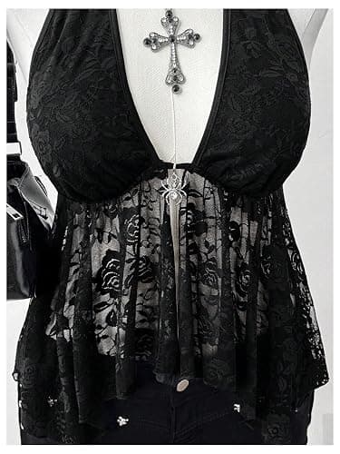 GORGLITTER Women's Plus Size Goth Lace Halter Tops Y2k Backless Sheer Ruffle Top Grunge Clothes thumbnail 4