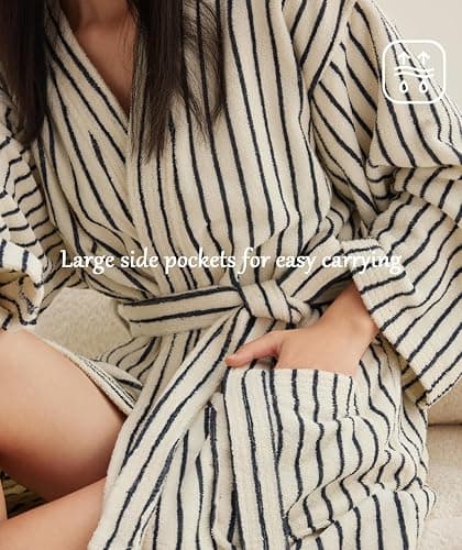 HGKPFGTF Striped Cotton Bathrobe for Women Super-Soft Terry Plush Kimono Towel Robe Long Sleeve Lounge Robe with Pockets thumbnail 2
