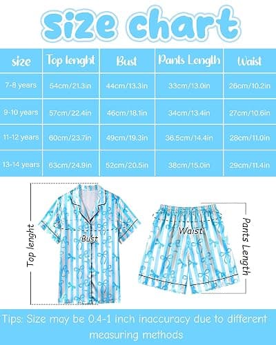 Sylfairy Girls Pajamas Silk PJS Set Bow Satin Sleepwear Short Sleeve Jammies for Kids Button-Down Nightwear size 7-8 10-12 thumbnail 6