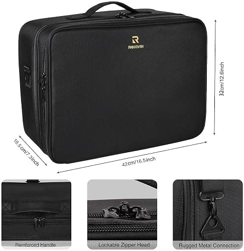 Relavel Extra Large Makeup Case Travel Makeup Train Case Professional Makeup Artist Bag Portable Nail Organizer Box Art Supply Case with Adjustable Dividers/Attach to Trolley/Shoulder Strap (Black) thumbnail 2